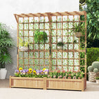Jardinière avec 2 Treillis 2 Bacs Toit Suspendu en Bois Lit de Jardin Surélevé avec 4 Trous de Drainage 180 x 48 x 183 cm Orange