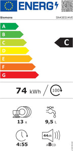 Siemens SN43ES14VE, iQ300 Lave-vaisselle intelligent, lave-vaisselle sous meuble avec tiroir à couverts, 60 cm, ouverture automatique de la porte grâce à AutoOpen dry, particulièrement silencieux avec